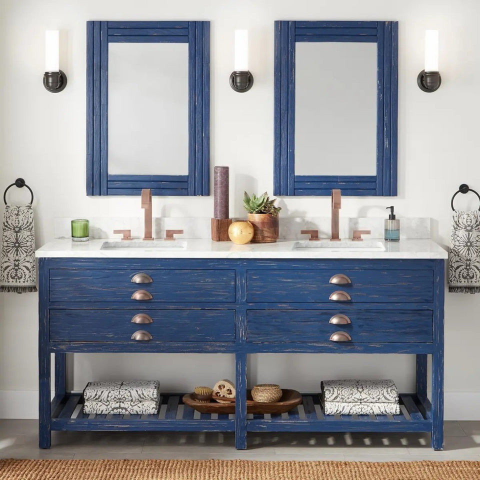 Double Vanity Set with Wood Cabinet, Marble Vanity Top and Rectangular Undermount Sinks 72"